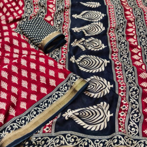 Ajrakh Printed Soft Cotton Crepe Saree Maroon and Black