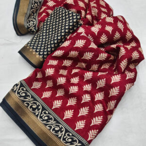 Ajrakh Printed Soft Cotton Crepe Saree Maroon and Black